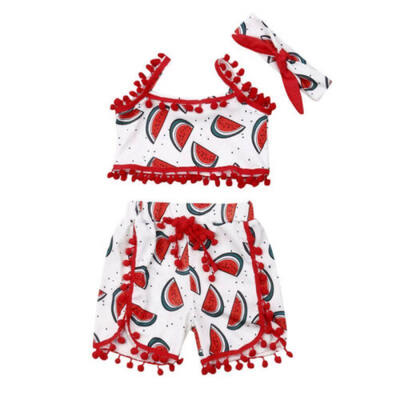 

US Toddlers Baby Girls Print Clothes TopShortsHeadband Casual Outfit Set 1-5Y