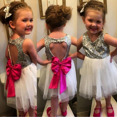 

Sequins Baby Kids Girls Princess White Love Backless Bowknot Tulle Party Dress 2-7Y