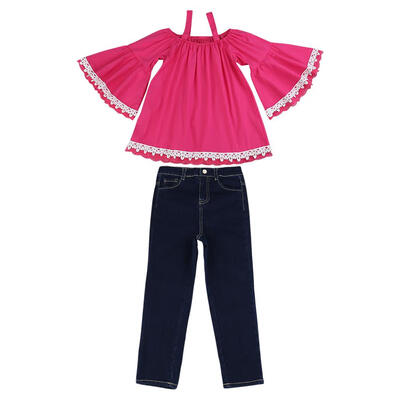 

Cute Fashion Girls Flare Sleeve 2pcs Children Tops Casual Denim Pants Set