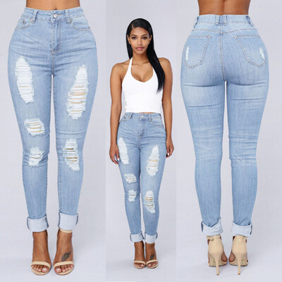 

Tailored Women Ripped Denim Jeans Holes Ripped Pants Slim Stretch Skinny Trousers