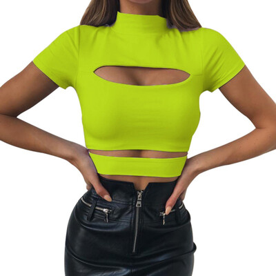 Womens Sexy Short Sleeve Hollow Out Turtleneck Solid Pullover Crop Top Slim T-Shirt