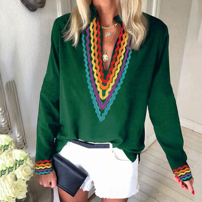 

Autumn&Winter Women Ethnic Style Striped V Neck Long Sleeved Casual Ladies Shirt Tops