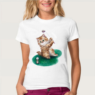 

Starmoon Women Cute Cartoon Cat Sprouting Print Round Neck Short Sleeved White T-shirt