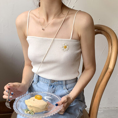 

Causal Knitted Floral Embroidery Cami Tops Beach Wear Sexy Vest Sleeveless Basic Camisole