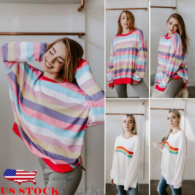 

US Women Loose Sweatshirt Casual Winter Autumn Warm Hoodies Striped Pullover