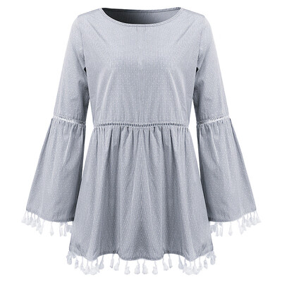 

Women Long Bell Sleeve Shirts Tops Round Neck Splicing Fringed Blouse T-shirt