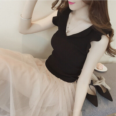 

Sexy V Neck Women Blouse Ruffles Sleeveless Striped Solid Blouses Slim Top Sweet Summer Blusa Feminina Wine Red White Black