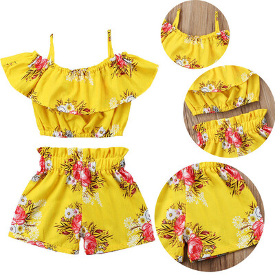 

Cute Toddler Kids Girls Royal Floral Strap Tops Shorts 2Pcs Outfits Set Clothes