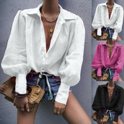 

Autumn Women V Neck Casual Loose Long Sleeve Blouse Cotton Linen T Shirt Tops