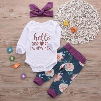 

US Newborn Baby Girl Floral Tops Romper Long Pants Headband Outfits Clothes 3Pcs