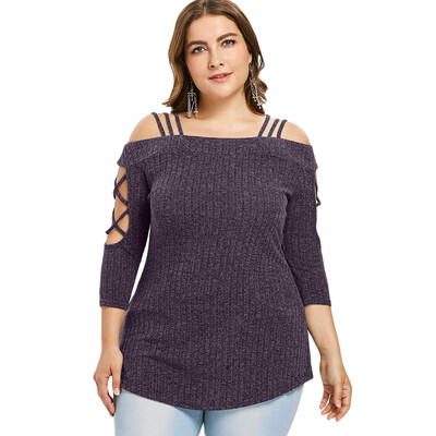

Plus Size Three Quarter Sleeve Cold Shoulder Ribbed Knit T-shirt