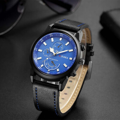 

Gobestart Fashion Casual Business Mens Alloy Three Eye Dial Leather Belt Quartz Watch