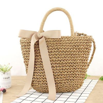 

Casual Women Straw Woven Handbags Ladies Summer Style Beach Bags Fashion Reusable Shopping Bag Ribbon Crossbody Bag Shoulder Bag