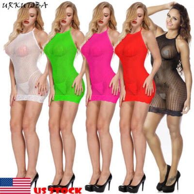 

US Sexy Women Sleeveless See-Through Hollow Out Mesh Fishnet Short Mini Dress