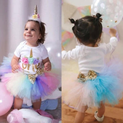 

Baby Girl First 1st Birthday Unicorn Tops Romper Tutu Tulle Dress Skirt Outfits