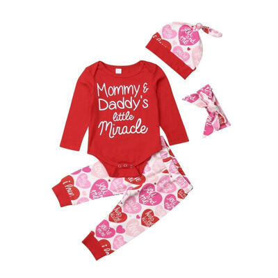 

4PCs Newborn Baby Girl My 1st Valentine Day Romper Pant Outfits Set Cotton 0-18M