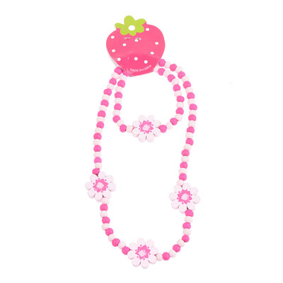 

1 Set Girls Pink Wooden Lovely Smile Beaded Necklace & Bracelet Kids Jewelry