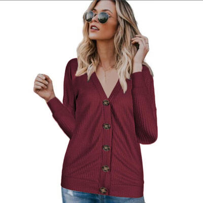 

Women V-Neck Knitted Sweater Long-Sleeves Autumn Winter Buttons Cardigan