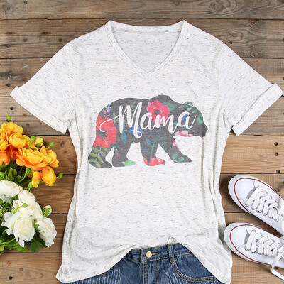 

Nomeni Womens Bear Floral Printed Short Sleeve V-Neck Casual Top T-Shirt Blouse