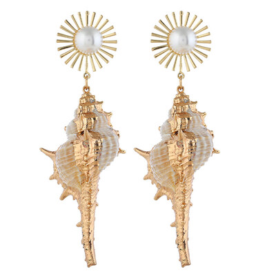 

Bohemian Beach Women Faux Pearl Inlaid Conch Pendant Statement Stud Earrings