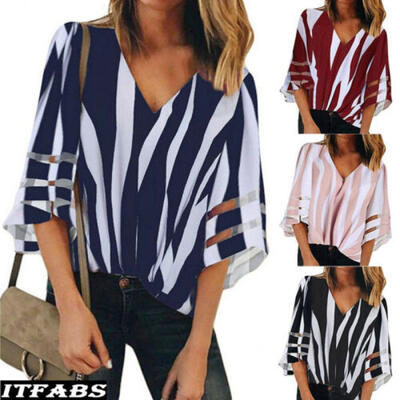 

Womens V-Neck Half Sleeve Hollow Out Casual Blouse Loose Tops Summer T-Shirt US