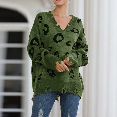 

Tailored Women Sweater Long Sleeve V-Neck leopard Print Tree knitting Sweater Tops