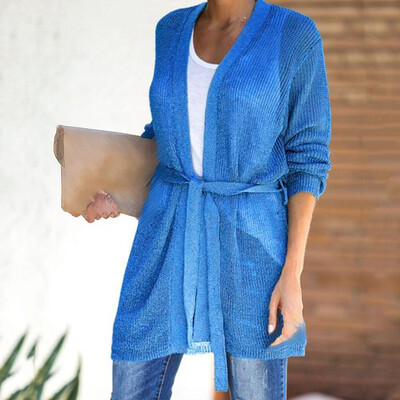 Women Long Sleeve Knitted Sweater Loose Tie Up Solid Plus Size Cardigan Tops