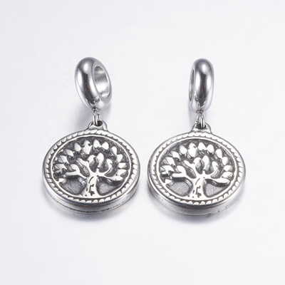

304 Stainless Steel European Dangle Beads Flat Round with Tree of Life Large Hole Pendants Antique Silver 28mm Hole 5mm
