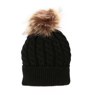 

Mom Baby Kid Warm Raccoon Fur Bobble Beanie Cotton Knitted Parent-Child Hat