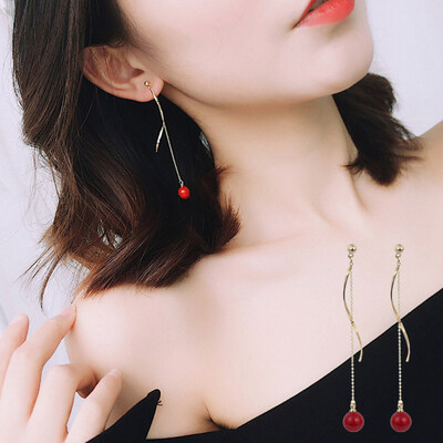 

Fashion Women Long Chain Wave Dangle Bead Pendant Stud Earrings Jewelry Gift