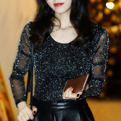 

Women Fishnet Mesh Crop Tops Long Sleeve See Through T-shirt Blouse Tee Tank Top