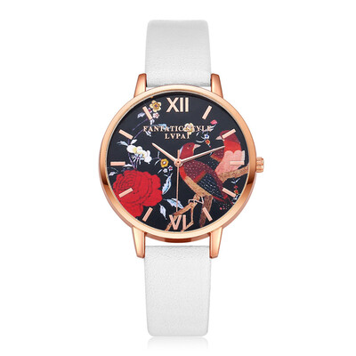 

Luxury Women Watches Red Rose Pattern Dial Ladies Quartz Wristwatch Simple Leather Strap Clock Casual Dress Relogio Feminino