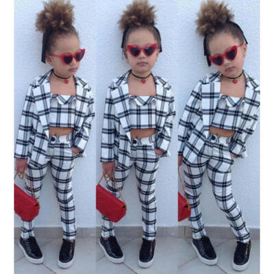 

US Kids Baby Girl Clothes Plaid Coat Tops Long Pants 3Pcs Autumn Winter Outfits