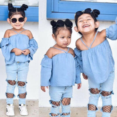 

Toddler Kids Baby Girls Off Shoulder Tops Denim Pants Hole Jeans Outfits Clothes