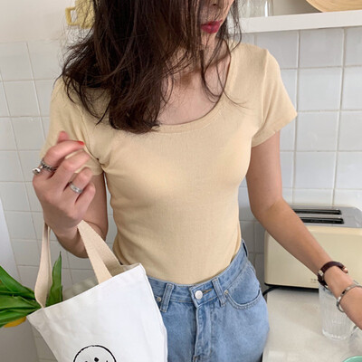 

Womens Short Sleeve Sexy Backless Round Neck Solid Casual Back Bow Knitted T-Shirt