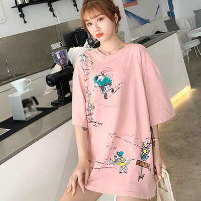 

Cartoon Letter Print Womens Tees Simple Casual Round Neck Short-sleeved Tops