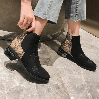 

Rose New Autumn And Winter Stitching Color Chunky Heels Boots Women High-Heeled Shoes