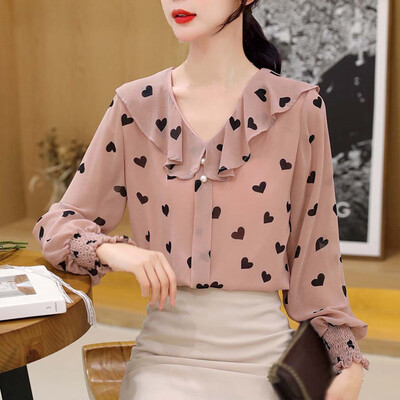 

Tailored Autumn Chiffon Blouse Women Top Long Sleeve Love Polka Dot Pattern