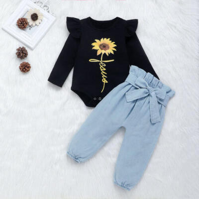 

US Newborn Baby Girl Clothes Sunflower Tops Romper Denim Pants Outfit Set 0-24M