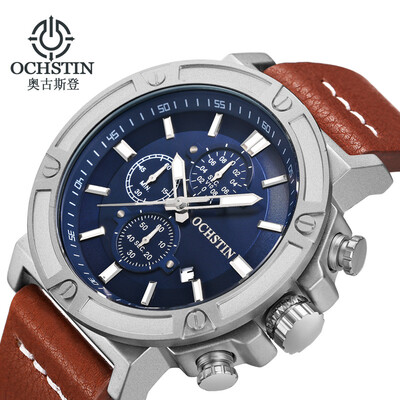 Augustus OCHSTIN multi-function three-eye calendar multi-function leather mens watch mens watch
