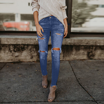 

Tailored Women Hight Waisted Skinny Hole Denim Jeans Stretch Slim Pants Calf Length Jeans