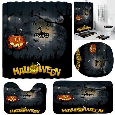 

4 Piece Halloween Bathroom Decoration Waterproof Shower Curtain Base Carpet Cover Toilet Seat Cushion Non-slip Bath Mat Set
