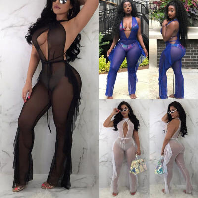 

Women Mesh See Through Jumpsuit Romper Bodycon Playsuit Clubwear Trousers Pants