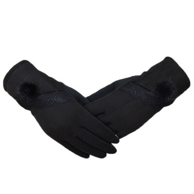 

Womens Autumn Winter Lace Floral Plush Ball Touch Screen Mitten Warm Gloves