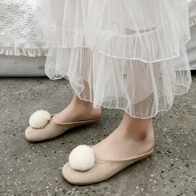 

Rose Slippers Female Spring Shallow Mouth Hair Ball Flat Bottom Scoop Shoes