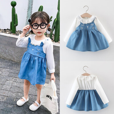 

Toddler Baby Kids Girls Denim Ruffles Patchwork Cat Ear Princess Dress Clothes