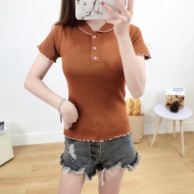 

Cute Crochet Peter Pan Collar Cute Female Teens T-shirt Short Sleeve Contrast Color Chic Womens Summer Cozy Tee Shirt New