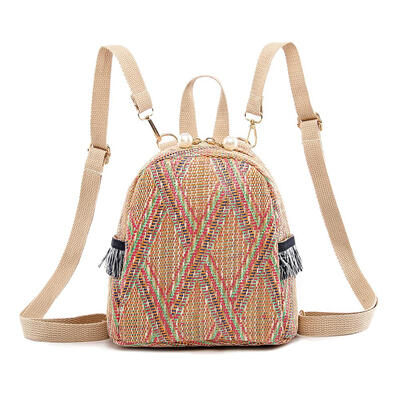 

Straw Woven Small Travel Backpacks Women Stripe Print Shoulder School Bags