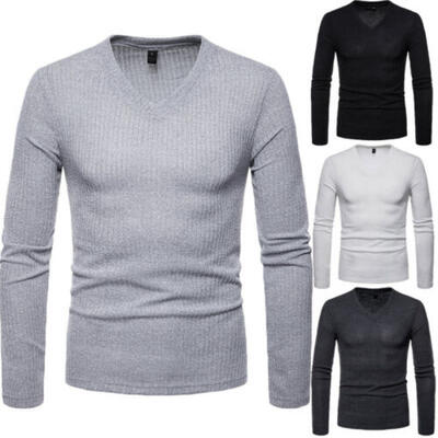 

New Mens V Neck Tops Tee Shirt Slim Fit Long Sleeve Solid Color Casual T-Shirt