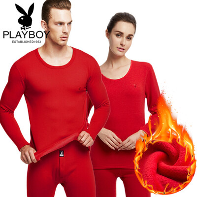

Playboy thermal underwear men thickening plus velvet warm suit mens wool winter autumn clothes long pants mens life year red M